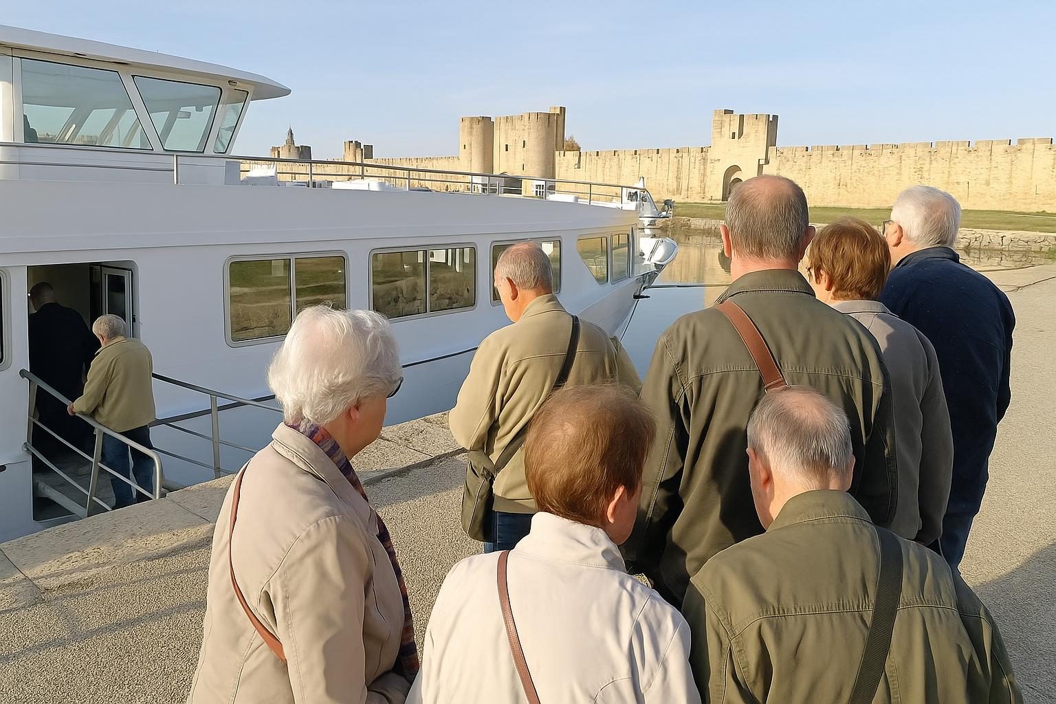 L'Isles de Stel à quai, au pied des remparts d'Aigues-Mortes (photo non contractuelle)