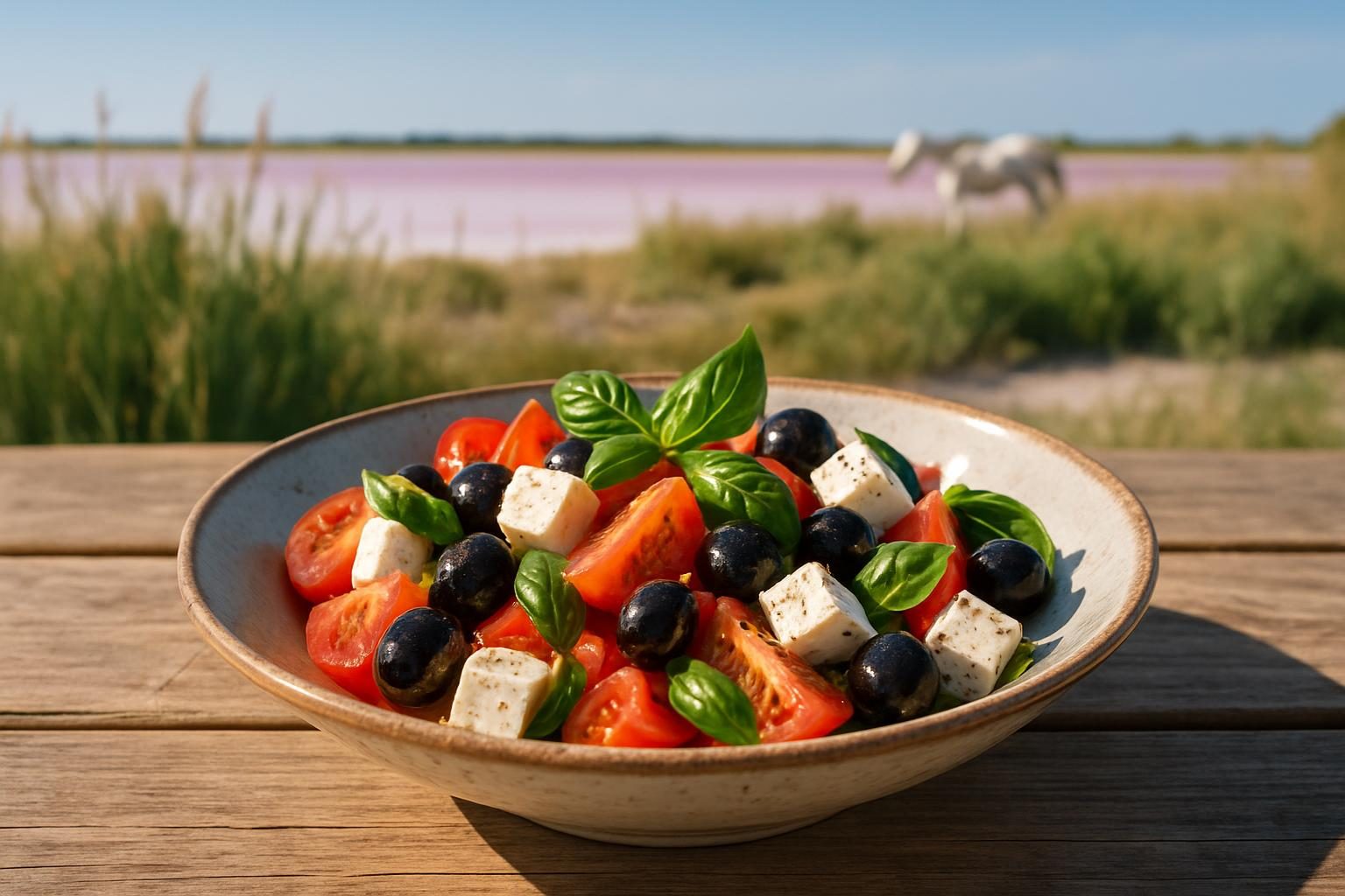 Salade provençale aux saveurs du Sud, devant les salins de Camargue (photo non contractuelle)